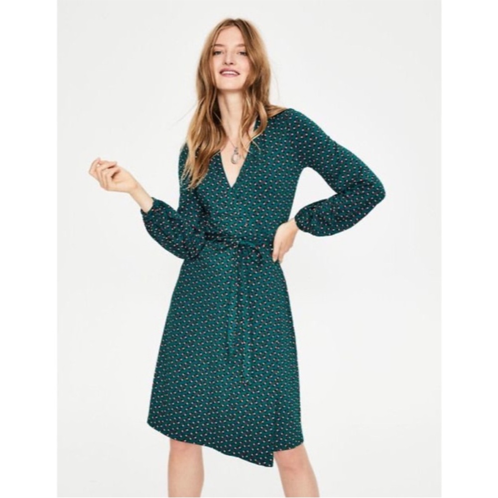 Anthropologie Boden Teal Elodie Jersey Long Sleeve Floral Wrap Dress Size 6